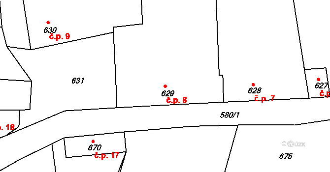 Strpí 8, Číčenice na parcele st. 629 v KÚ Číčenice, Katastrální mapa