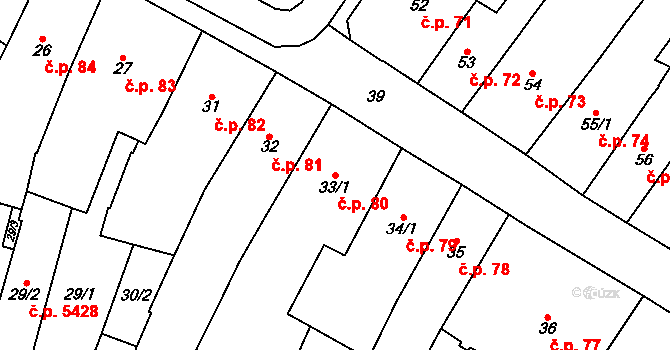 Chomutov 80 na parcele st. 33/1 v KÚ Chomutov I, Katastrální mapa