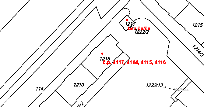 Chomutov 4114,4115,4116,4117 na parcele st. 1218 v KÚ Chomutov II, Katastrální mapa