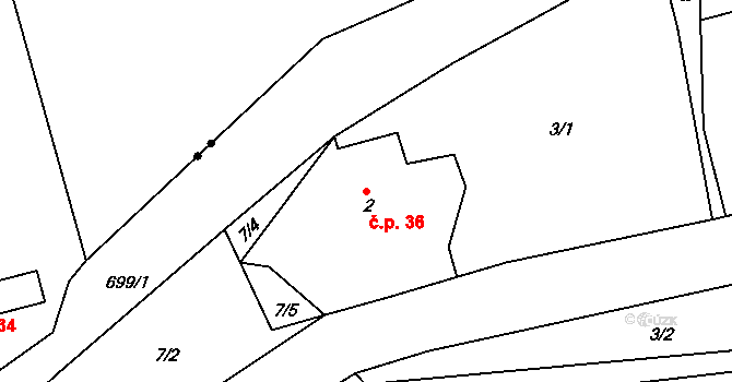 Dolní Vítkov 36, Chrastava na parcele st. 2 v KÚ Dolní Vítkov, Katastrální mapa