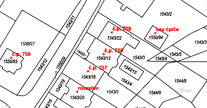Miřetice u Klášterce nad Ohří 728, Klášterec nad Ohří na parcele st. 1543/12 v KÚ Miřetice u Klášterce nad Ohří, Katastrální mapa
