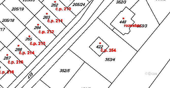 Přerov XI-Vinary 254, Přerov na parcele st. 422 v KÚ Vinary u Přerova, Katastrální mapa