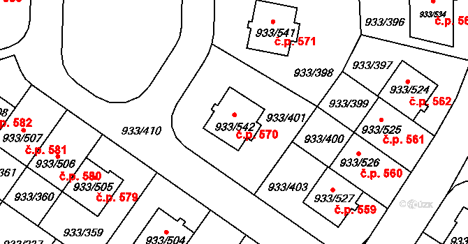 Satalice 570, Praha na parcele st. 933/542 v KÚ Satalice, Katastrální mapa