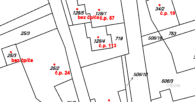 Sukorady 113 na parcele st. 128/4 v KÚ Sukorady u Mladé Boleslavi, Katastrální mapa