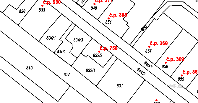 Veverská Bítýška 758 na parcele st. 832/2 v KÚ Veverská Bítýška, Katastrální mapa