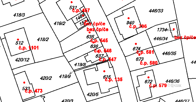 Luhačovice 547 na parcele st. 637 v KÚ Luhačovice, Katastrální mapa