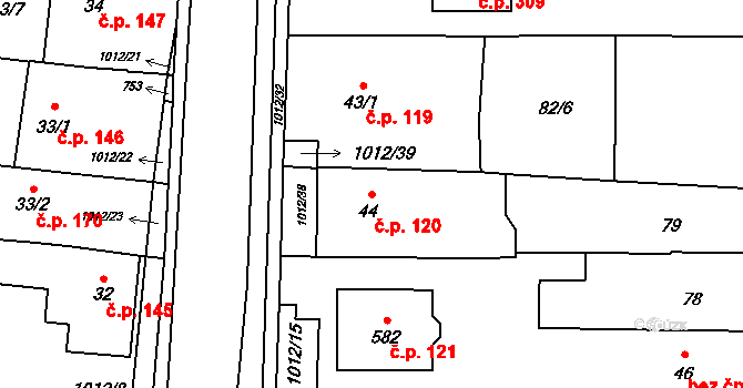 Hrochův Týnec 120 na parcele st. 44 v KÚ Hrochův Týnec, Katastrální mapa