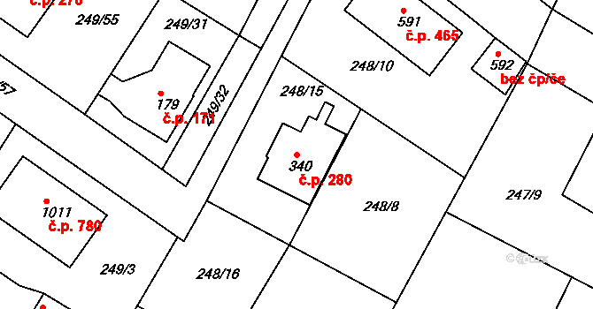 Dolní Břežany 280 na parcele st. 340 v KÚ Dolní Břežany, Katastrální mapa