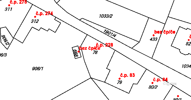 Strašice 228 na parcele st. 78 v KÚ Strašice, Katastrální mapa