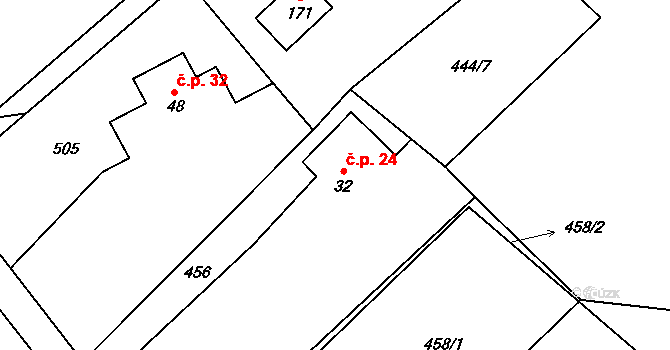 Hoděšovice 24, Býšť na parcele st. 32 v KÚ Hoděšovice, Katastrální mapa