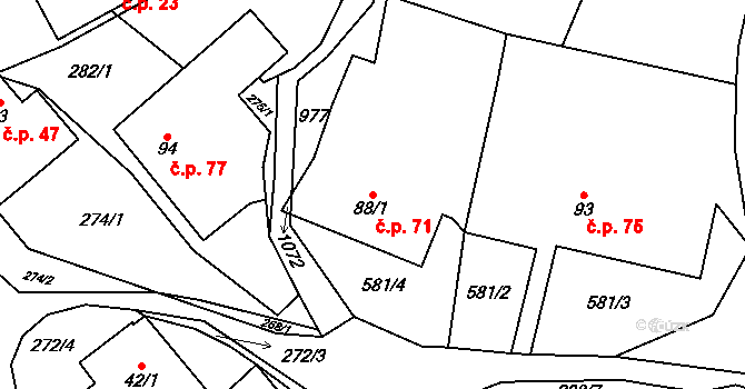 Prostřední Poříčí 71 na parcele st. 88/1 v KÚ Prostřední Poříčí, Katastrální mapa
