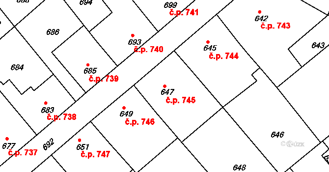 Odry 745 na parcele st. 647 v KÚ Odry, Katastrální mapa