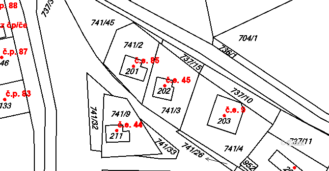 Černýš 45, Perštejn na parcele st. 202 v KÚ Černýš, Katastrální mapa