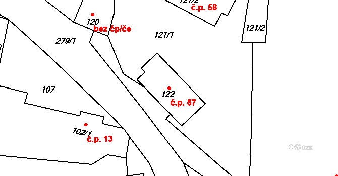 Kněžice 57, Podbořany na parcele st. 122 v KÚ Kněžice u Podbořan, Katastrální mapa