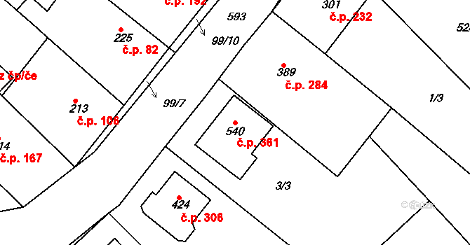 Přílepy 361 na parcele st. 540 v KÚ Přílepy u Holešova, Katastrální mapa