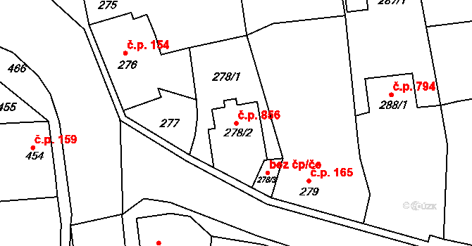 Podbořany 856 na parcele st. 278/2 v KÚ Podbořany, Katastrální mapa