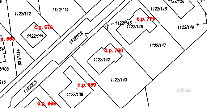 Tuchlovice 760 na parcele st. 1122/142 v KÚ Tuchlovice, Katastrální mapa