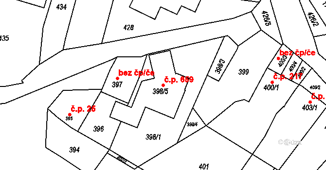 Říčany 659 na parcele st. 398/5 v KÚ Říčany u Brna, Katastrální mapa