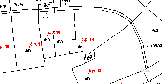 Holešov 14 na parcele st. 50 v KÚ Holešov, Katastrální mapa