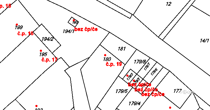 Kyjovice 19 na parcele st. 180 v KÚ Kyjovice, Katastrální mapa