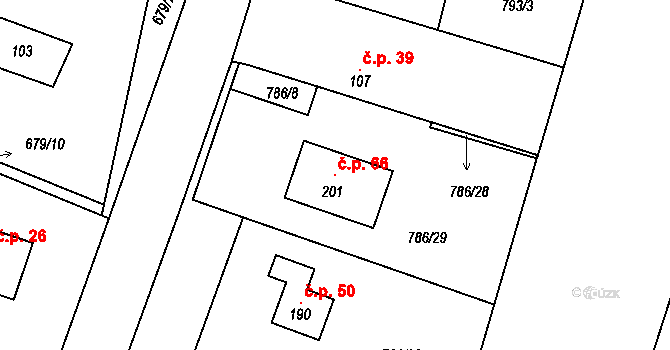 Masojedy 66 na parcele st. 201 v KÚ Masojedy, Katastrální mapa