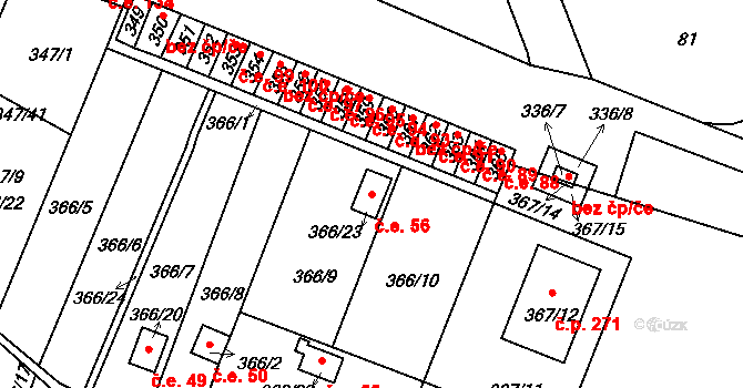 Pávov 56, Jihlava na parcele st. 366/23 v KÚ Pávov, Katastrální mapa