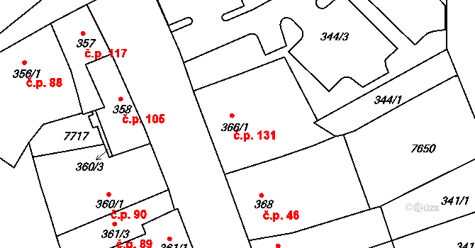 Telč-Podolí 131, Telč na parcele st. 366/1 v KÚ Telč, Katastrální mapa