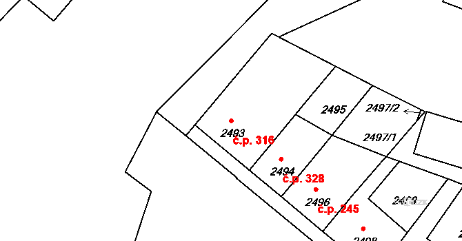 Čelákovice 316 na parcele st. 2493 v KÚ Čelákovice, Katastrální mapa