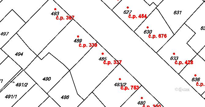 Lužice 337 na parcele st. 485 v KÚ Lužice u Hodonína, Katastrální mapa