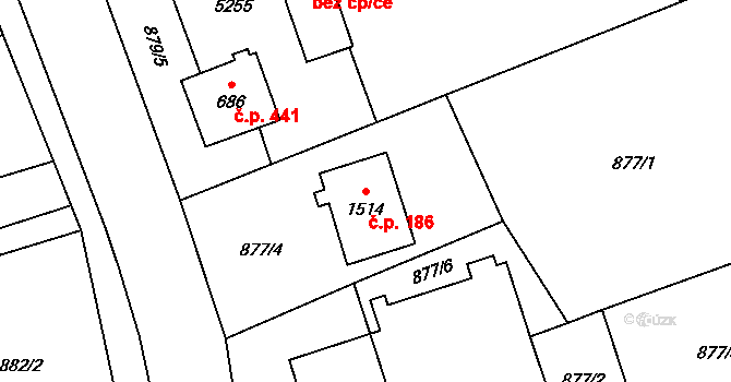 Mosty u Jablunkova 186 na parcele st. 1514 v KÚ Mosty u Jablunkova, Katastrální mapa