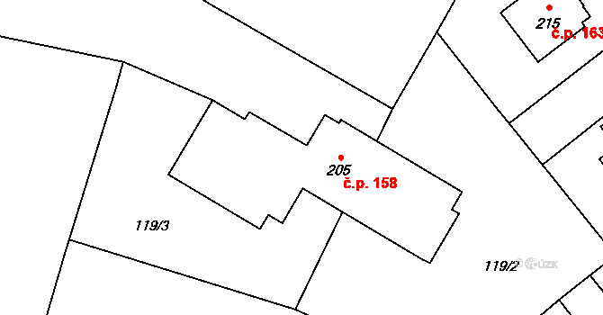 Tuklaty 158 na parcele st. 205 v KÚ Tuklaty, Katastrální mapa