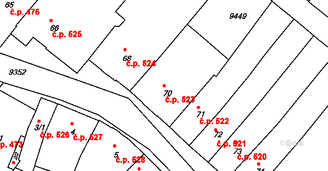 Slavonice 523 na parcele st. 70 v KÚ Slavonice, Katastrální mapa