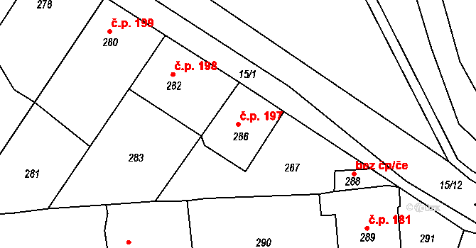 Loděnice 197 na parcele st. 286 v KÚ Loděnice u Berouna, Katastrální mapa