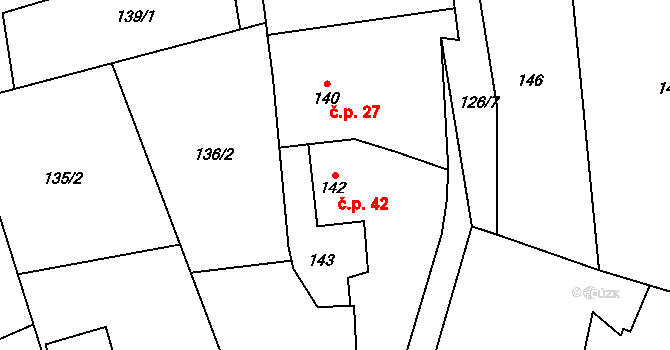 Hřibsko 42, Stěžery na parcele st. 142 v KÚ Hřibsko, Katastrální mapa