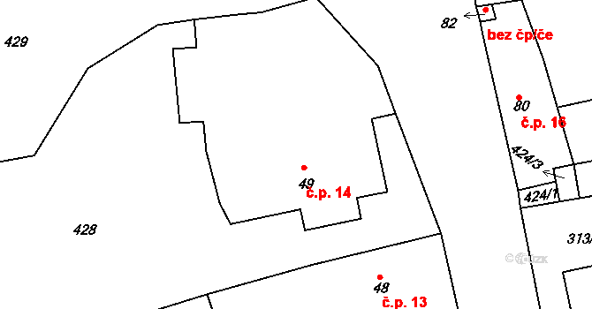 Tůně 14, Nechanice na parcele st. 49 v KÚ Tůně u Nechanic, Katastrální mapa