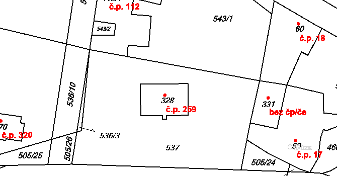 Broumy 259 na parcele st. 328 v KÚ Broumy, Katastrální mapa