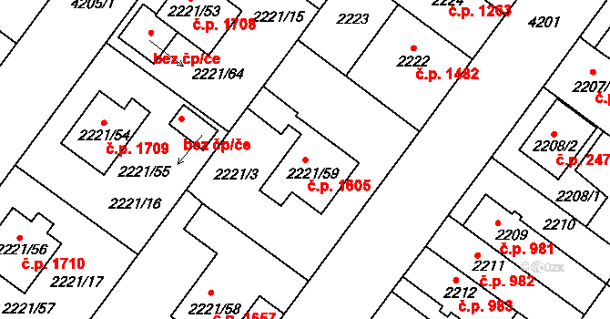 Roudnice nad Labem 1605 na parcele st. 2221/59 v KÚ Roudnice nad Labem, Katastrální mapa