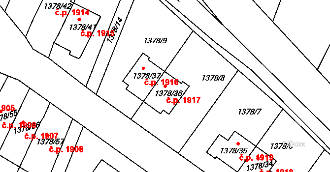 Roudnice nad Labem 1917 na parcele st. 1378/36 v KÚ Roudnice nad Labem, Katastrální mapa