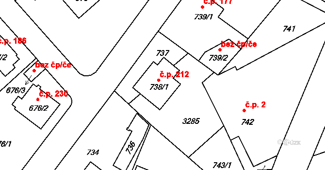 Strkov 212, Planá nad Lužnicí na parcele st. 738/1 v KÚ Planá nad Lužnicí, Katastrální mapa
