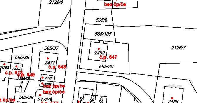 Borovina 647, Třebíč na parcele st. 2492 v KÚ Třebíč, Katastrální mapa