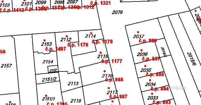 Líšeň 1177, Brno na parcele st. 2115 v KÚ Líšeň, Katastrální mapa