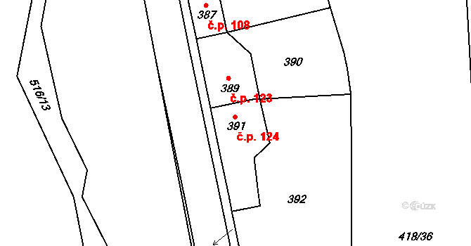 Čelkovice 124, Tábor na parcele st. 391 v KÚ Čelkovice, Katastrální mapa