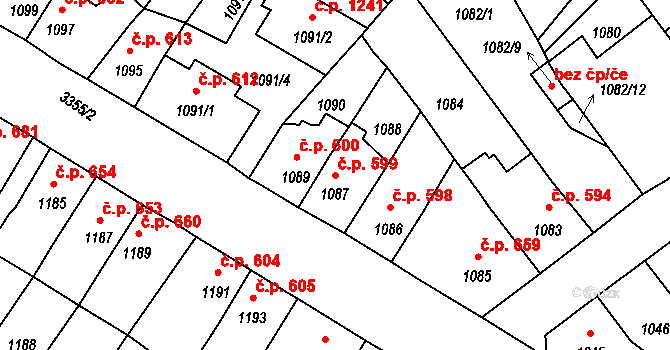 Pelhřimov 599 na parcele st. 1087 v KÚ Pelhřimov, Katastrální mapa