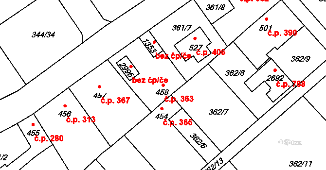 Úšovice 363, Mariánské Lázně na parcele st. 458 v KÚ Úšovice, Katastrální mapa