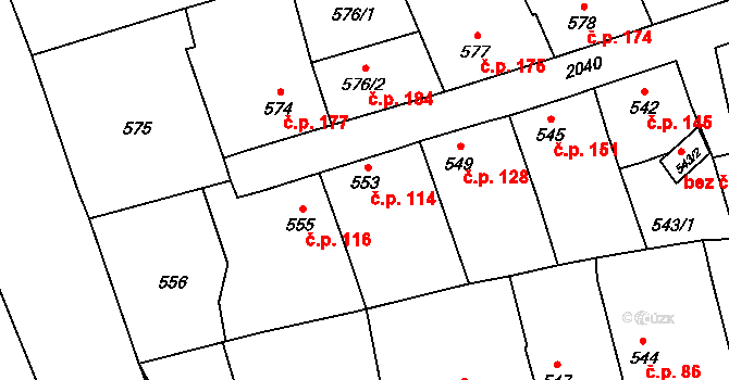 Uhříněves 114, Praha na parcele st. 553 v KÚ Uhříněves, Katastrální mapa