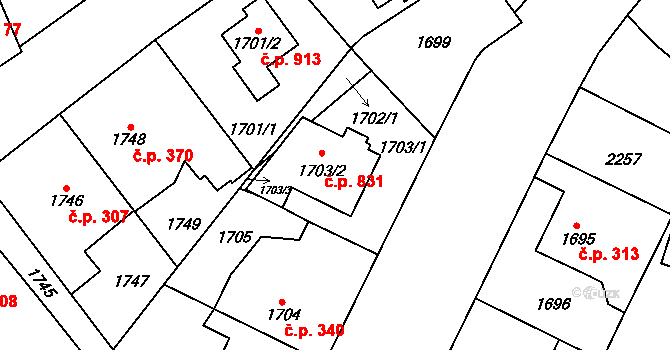 Stodůlky 831, Praha na parcele st. 1703/2 v KÚ Stodůlky, Katastrální mapa