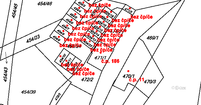 Lysolaje 186, Praha na parcele st. 471/1 v KÚ Lysolaje, Katastrální mapa