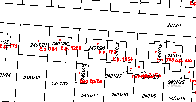 Hostivař 773, Praha na parcele st. 2401/20 v KÚ Hostivař, Katastrální mapa