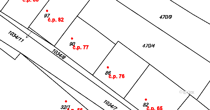 Břežany II 76 na parcele st. 86 v KÚ Břežany II, Katastrální mapa