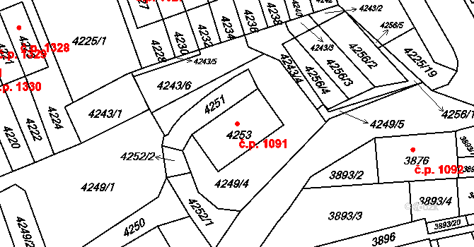 Jirkov 1091 na parcele st. 4253 v KÚ Jirkov, Katastrální mapa